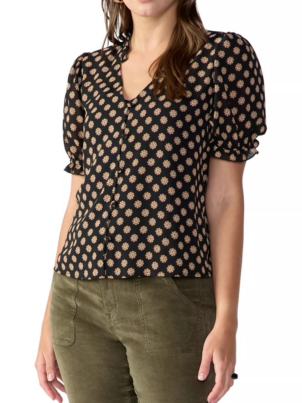 Sanctuary Fall Into You Black Floral Puff-Sleeve V-Neck Blouse